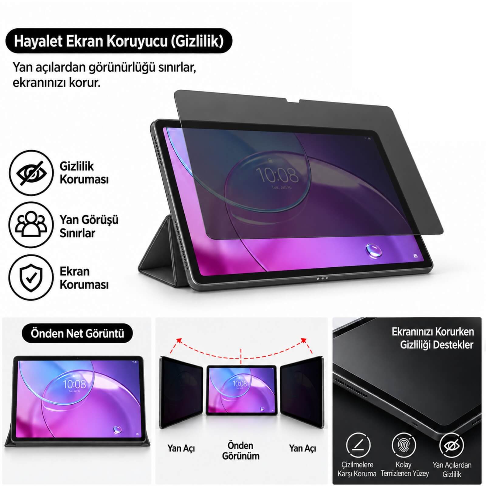 Lenovo Idea Tab Pro 2. Nesil 13 inç İle Uyumlu Hayalet Ekran Koruyucu Yandan Görünmeyen Anti-Spy Gizlilik (Privacy) Koruması, 9H Nano Kırılmaz Esnek Cam, Parlama Ve Parmak İzi Önleyici