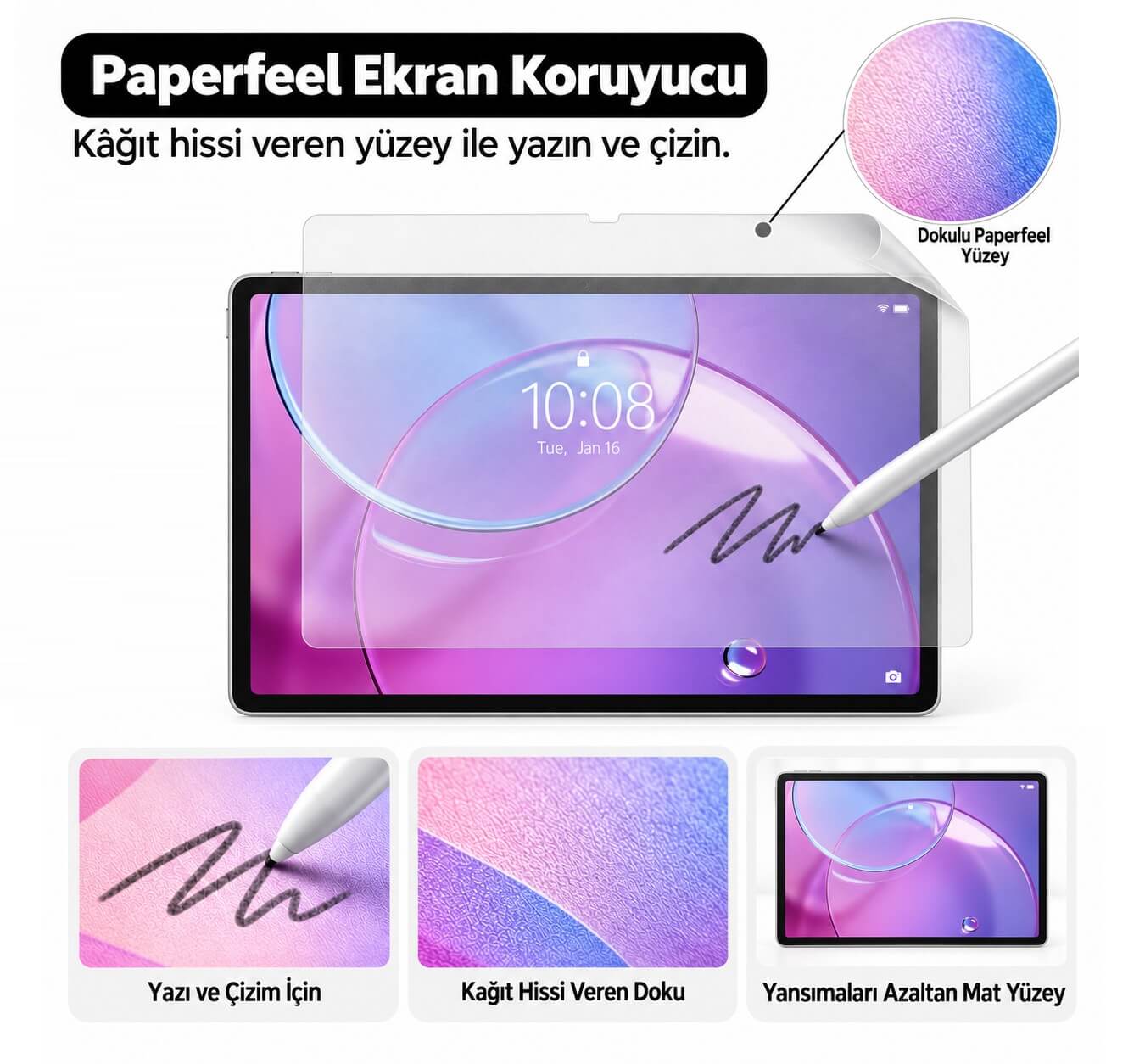 Lenovo Idea Tab Pro 2. Nesil 13 inç İle Uyumlu Paperfeel Ekran Koruyucu Kağıt Hissi Veren Mat Dokulu Yüzey, Kalem Uyumlu, Not Alma ve Çizim İçin
