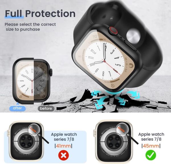 Apple Watch 8 Ekran Koruyucu Kılıf Sert PC Kasa Watch 8 45mm