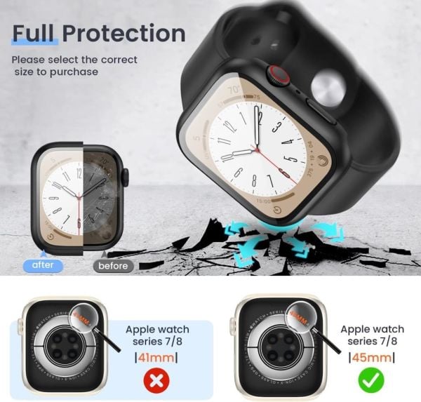 Apple Watch 8 Ekran Koruyucu Kılıf Sert PC Kasa Watch 8 45mm Siyah
