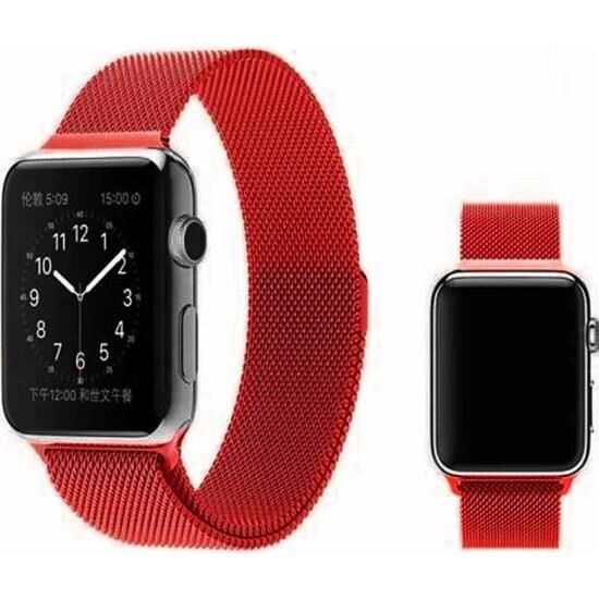 Apple Watch Kordon 42 mm Paslanmaz Çelik Manyetik Kapatmalı Kayış Kırmızı