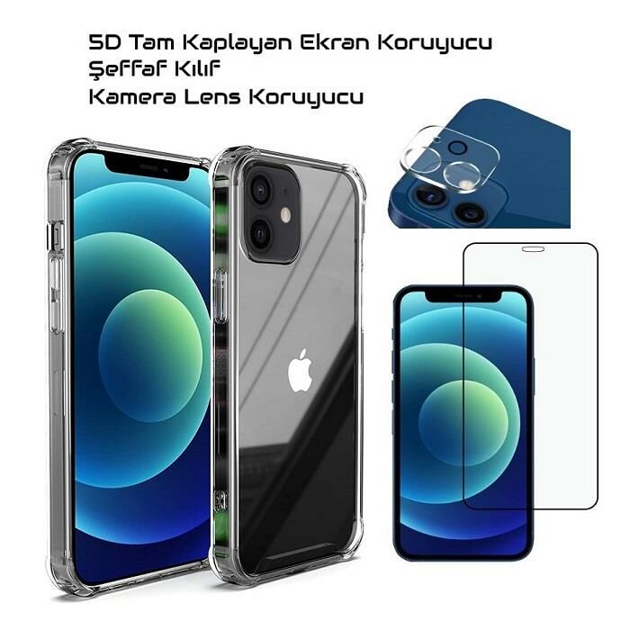 Apple iPhone 12 Mini Ekran Koruyucu +Şeffaf Kılıf +Kamera Koruyucu