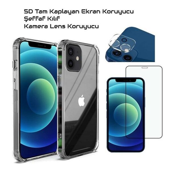 Apple iPhone 12 Mini Ekran Koruyucu +Şeffaf Kılıf +Kamera Koruyucu