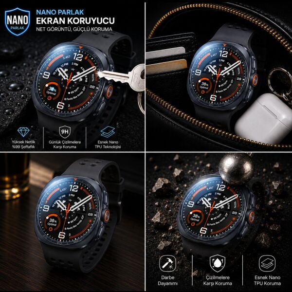 Samsung Galaxy Watch Ultra/Ultra 2 47mm Ekran Koruyucu Nano Parlak Çizilmeye Dayanıklı Akıllı Saat Koruması, 9H Kırılmaz Esnek Cam, Hd Şeffaf 2 Adet