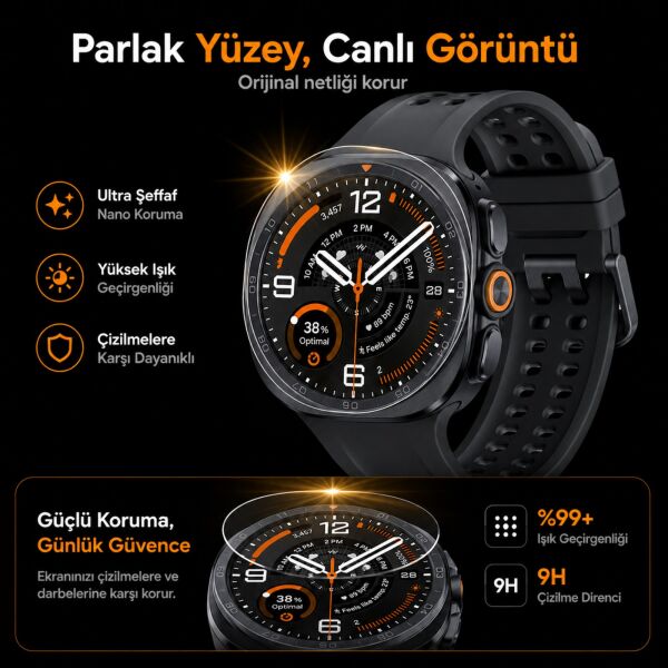Samsung Galaxy Watch Ultra/Ultra 2 47mm Ekran Koruyucu Nano Parlak Çizilmeye Dayanıklı Akıllı Saat Koruması, 9H Kırılmaz Esnek Cam, Hd Şeffaf 2 Adet