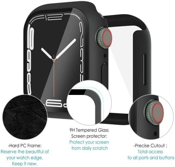 Apple Watch 7 Ekran Koruyucu Kılıf Sert PC Kasa Watch 7 41mm Siyah