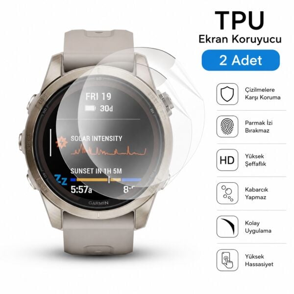 Garmin Fenix 7S Pro Ekran Koruyucu TPU Şeffaf Film 2 Adet