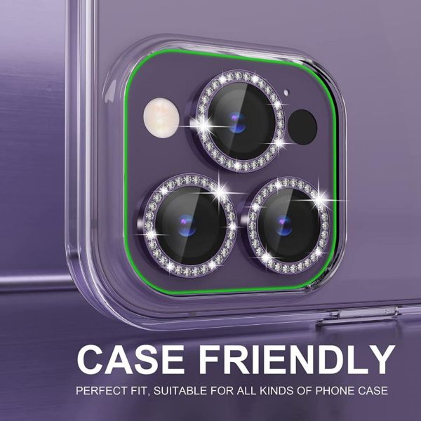 Apple iPhone 14 Pro / 14 Pro Max Kamera Koruyucu Swarovski Taşlı Mor