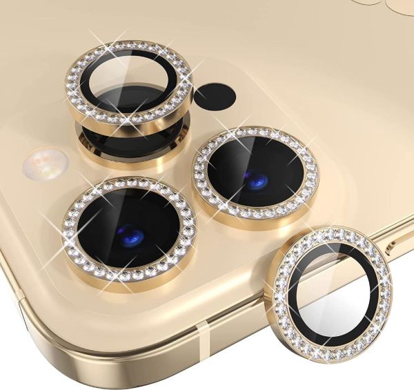 Apple iPhone 14 Pro / 14 Pro Max Kamera Koruyucu Swarovski Taşlı Gold