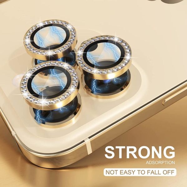 Apple iPhone 14 Pro / 14 Pro Max Kamera Koruyucu Swarovski Taşlı Gold