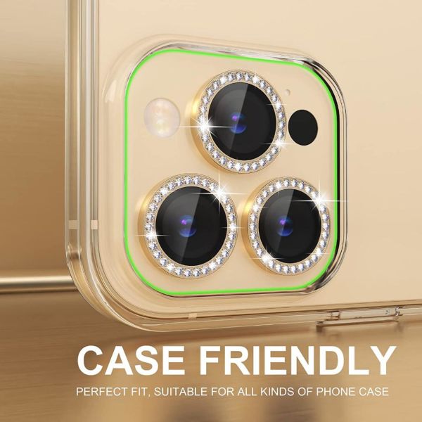 Apple iPhone 14 Pro / 14 Pro Max Kamera Koruyucu Swarovski Taşlı Gold