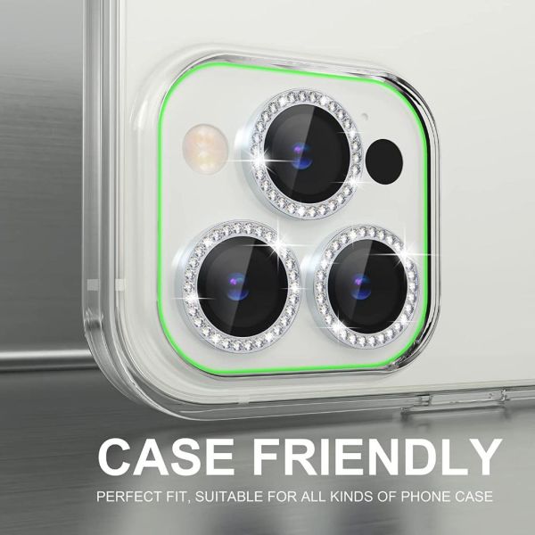 Apple iPhone 14 Pro / 14 Pro Max Kamera Koruyucu Swarovski Taşlı Gümüş