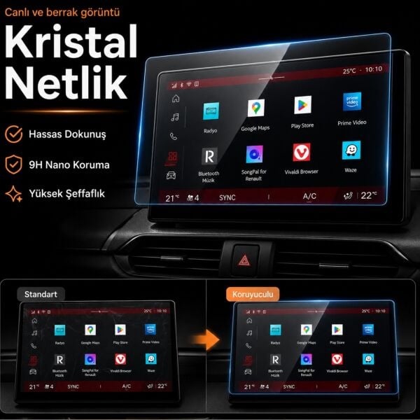 Renault Boreal 10 İnç Ekran Koruyucu Multimedya 9H Nano Parlak, Kırılmaz Cam, Çizilmeye Dayanıklı Koruma