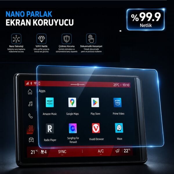 Renault Boreal 10 İnç Ekran Koruyucu Multimedya 9H Nano Parlak, Kırılmaz Cam, Çizilmeye Dayanıklı Koruma