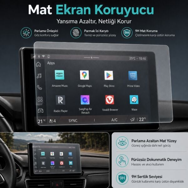 Renault Boreal 10 İnç Mat Ekran Koruyucu Multimedya Parmak İzi Bırakmayan Yansıma Ve Parlama Önleyici Koruma, 9H Kırılmaz Esnek Nano Cam