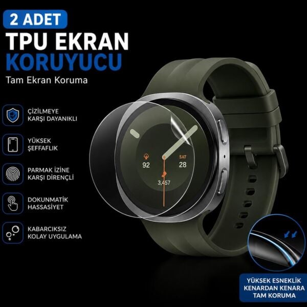 Samsung Galaxy Watch 9 44mm Ekran Koruyucu TPU, Tam Kaplayan Akıllı Saat Koruması 2 Adet, Çizilmeye Dayanıklı Koruma SM-L350