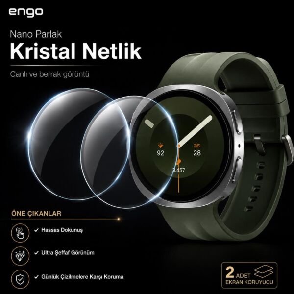 Samsung Galaxy Watch 9 44mm Ekran Koruyucu Nano Parlak Çizilmeye Dayanıklı Akıllı Saat Koruması, 9H Kırılmaz Esnek Cam, Hd Şeffaf 2 Adet SM-L350