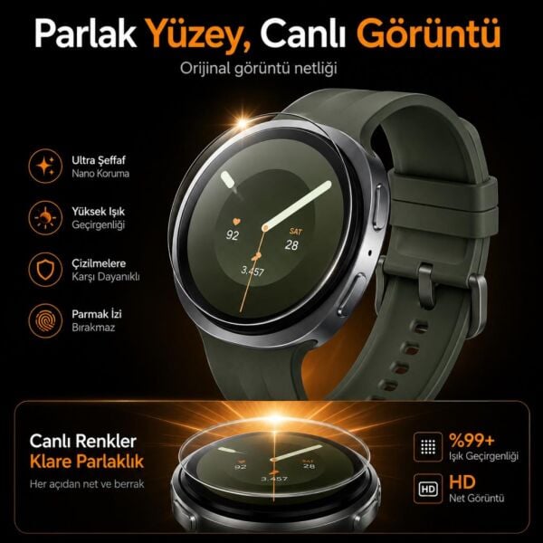 Samsung Galaxy Watch 9 44mm Ekran Koruyucu Nano Parlak Çizilmeye Dayanıklı Akıllı Saat Koruması, 9H Kırılmaz Esnek Cam, Hd Şeffaf 2 Adet SM-L350