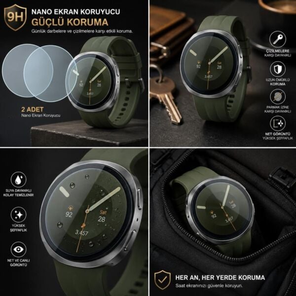 Samsung Galaxy Watch 9 44mm Ekran Koruyucu Nano Parlak Çizilmeye Dayanıklı Akıllı Saat Koruması, 9H Kırılmaz Esnek Cam, Hd Şeffaf 2 Adet SM-L350