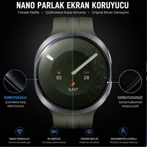 Samsung Galaxy Watch 9 44mm Ekran Koruyucu Nano Parlak Çizilmeye Dayanıklı Akıllı Saat Koruması, 9H Kırılmaz Esnek Cam, Hd Şeffaf 2 Adet SM-L350