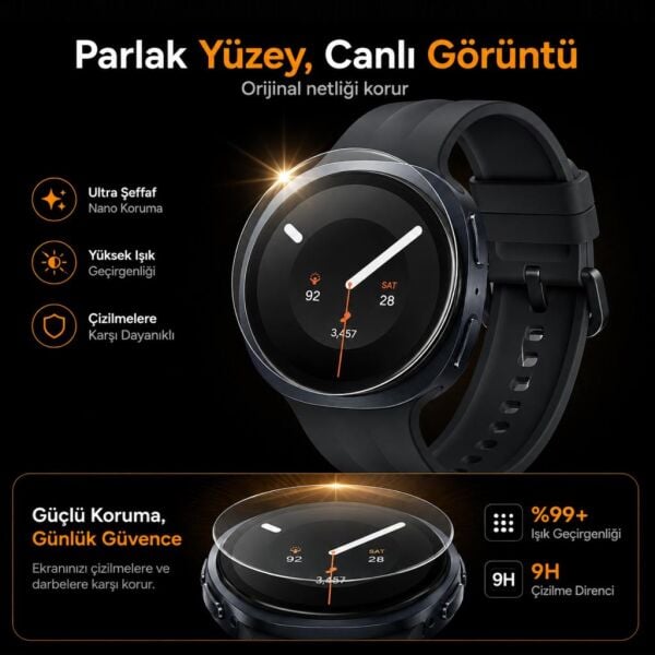 Samsung Galaxy Watch 9 40mm Ekran Koruyucu Nano Parlak Çizilmeye Dayanıklı Akıllı Saat Koruması, 9H Kırılmaz Esnek Cam, Hd Şeffaf 2 Adet SM-L340