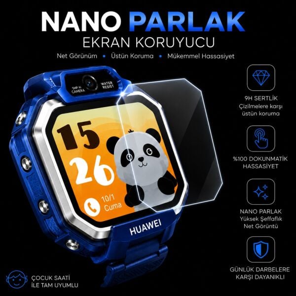 Huawei Watch Kids X1 Ekran Koruyucu Nano Parlak Çizilmeye Dayanıklı Akıllı Saat Koruması, 9H Kırılmaz Esnek Cam, Hd Şeffaf 2 Adet
