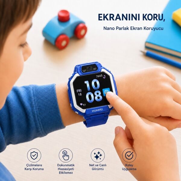 Huawei Watch Kids X1 Ekran Koruyucu Nano Parlak Çizilmeye Dayanıklı Akıllı Saat Koruması, 9H Kırılmaz Esnek Cam, Hd Şeffaf 2 Adet