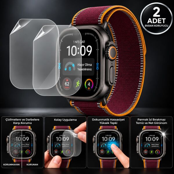 Apple Watch Ultra 4 49mm Ekran Koruyucu TPU A3579 Şeffaf Çizilmeye Dayanıklı Esnek Yapı 2 Adet