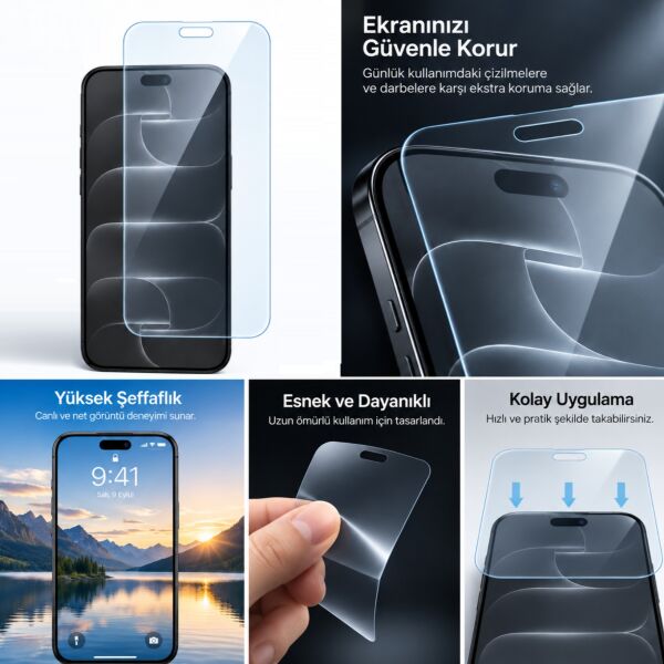 Apple iPhone 18 Pro Ekran Koruyucu A3714 Nano Parlak 9H Kırılmaz Esnek Cam Çizilmeye Dayanıklı Şeffaf